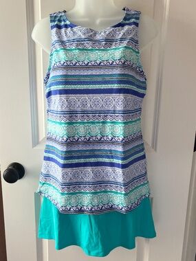 Land's End High Neck Medallion Stripes Tankini Top & Swim Skirt Built-in bra 12